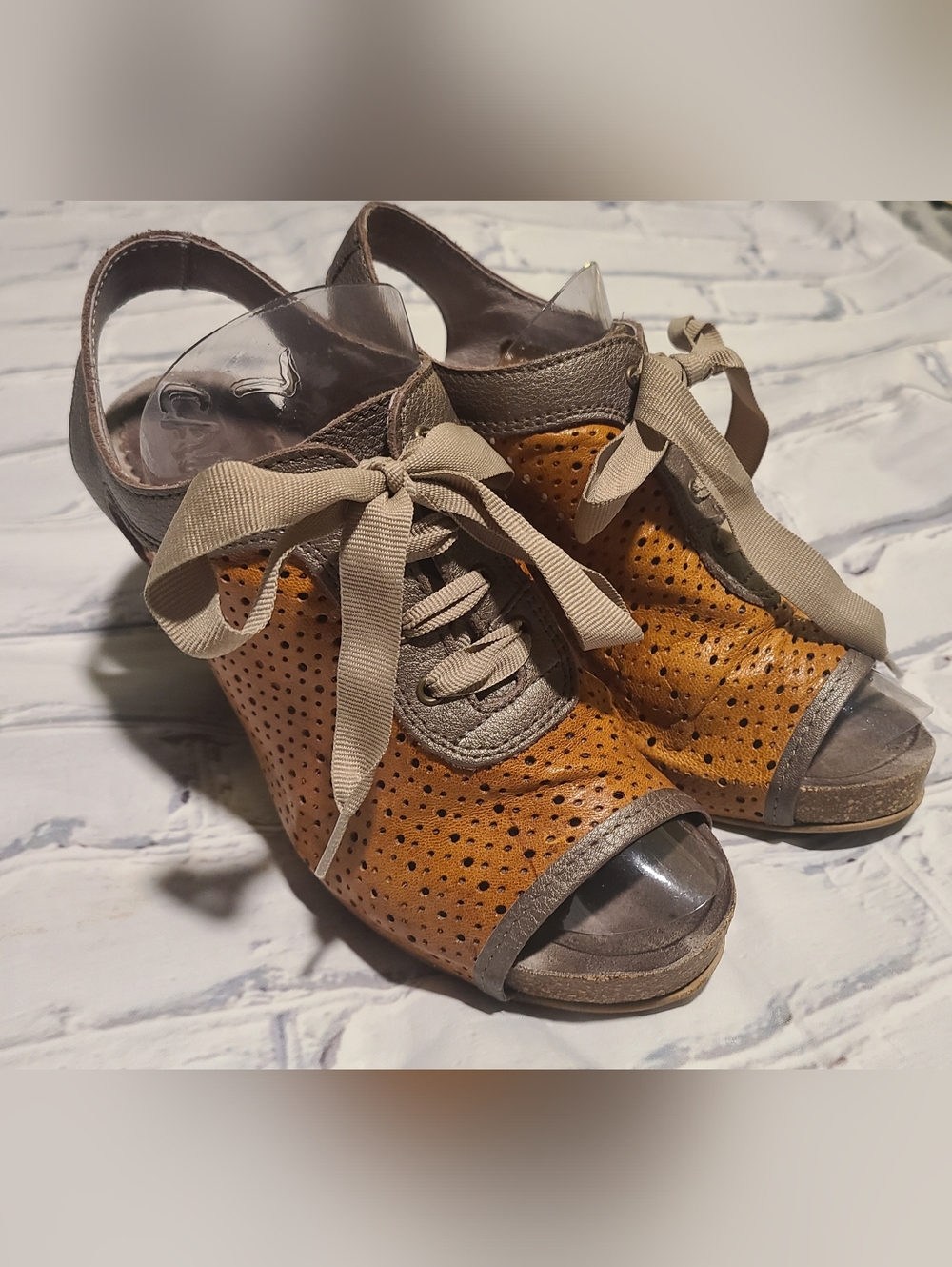 Women's Tan Perforated Peep-Toe Wedge Sandals - Unbranded